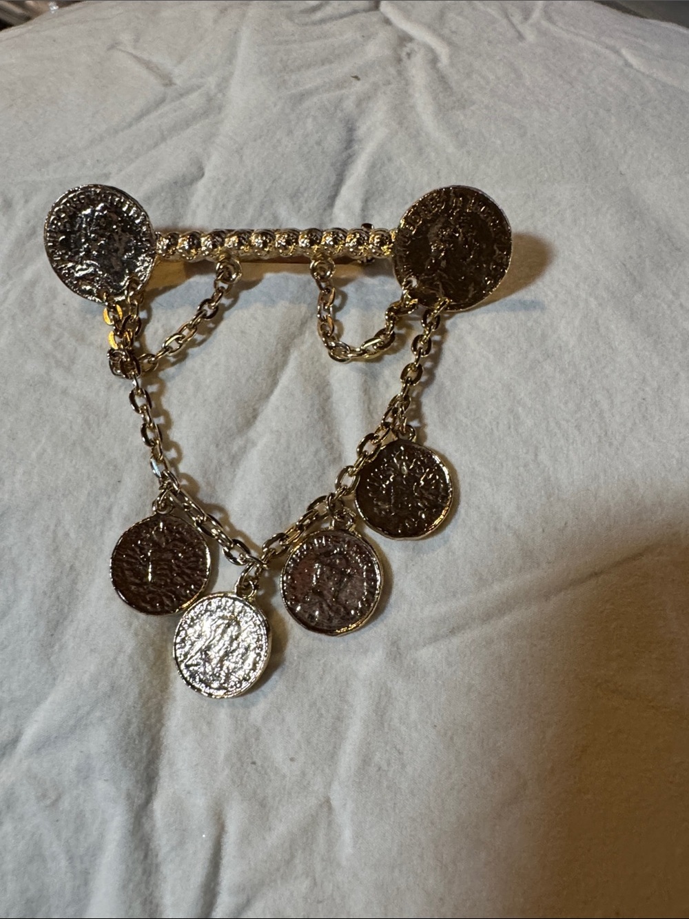 Vintage Gold-Tone Coin Charm Brooch Chain